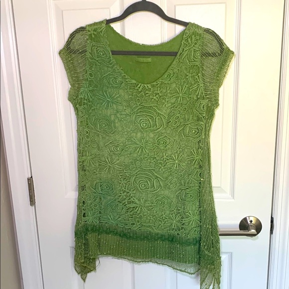 Green Lace Overlay Top silk blend made in Italy - Picture 1 of 8